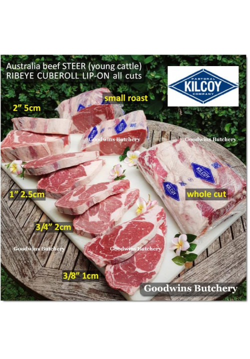 Beef Cuberoll Scotch-Fillet RIBEYE LIP-ON Australia STEER (young cattle) KILCOY BLUE DIAMOND 21days aged frozen STEAK 1, 3/4 & 3/8" (price/kg)